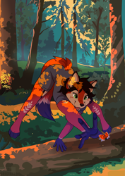Size: 2893x4092 | Tagged: safe, artist:kidaoriginal, oc, oc:poppy (lavallett1), arthropod, canine, fox, ladybug, mammal, wolf, anthro, barefoot, body markings, commission, cute, dipstick tail, female, forest, freckles, paws, smiling, tail, ych, ych result