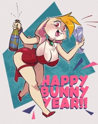 Size: 600x758 | Tagged: safe, artist:gallystudio, lagomorph, mammal, rabbit, anthro, absolute cleavage, alcohol, big breasts, big butt, blonde hair, bottle, braless, breasts, buckteeth, butt, champagne, champagne glass, cleavage, clothes, container, female, hair, high heels, holiday, looking at you, new year, open mouth, open smile, red eyes, shoes, smiling, smiling at you, solo, solo female, teeth, thick thighs, thighs, wide hips