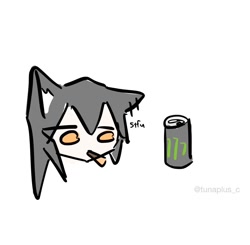 Size: 942x923 | Tagged: safe, artist:tunaplus_c, part of a set, texas (arknights), animal humanoid, canine, fictional species, mammal, wolf, humanoid, arknights, black hair, comic, dialogue, drink, english text, female, food, hair, holding, monster energy, mouth hold, orange eyes, pocky, simple background, soda, soda can, solo, solo female, talking, text, white background