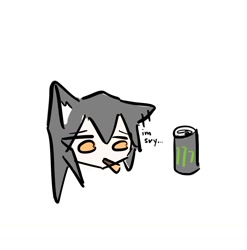 Size: 1320x1337 | Tagged: safe, artist:tunaplus_c, part of a set, texas (arknights), animal humanoid, canine, fictional species, mammal, wolf, humanoid, arknights, black hair, comic, dialogue, drink, english text, female, food, hair, holding, monster energy, mouth hold, orange eyes, pocky, simple background, soda, soda can, solo, solo female, talking, text, white background