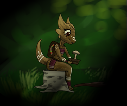 Size: 547x455 | Tagged: safe, artist:squalbo, oc, oc:wiggles (squalbo), fictional species, kobold, reptile, anthro, 2019, backpack, body markings, body paint, brown body, brown eyes, brown scales, butt, clothes, detailed background, digital art, eyelashes, face paint, female, forest, fungus, holding, holding object, low res, multicolored body, multicolored scales, mushroom, outdoors, painted body, plant, red clothes, scales, shaded, sitting, solo, solo female, stick, tree, tree stump, two tone scales, two toned body, white clothing, white marking