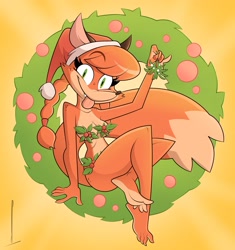 Size: 3649x3889 | Tagged: safe, artist:cosmos_mad, oc, oc:patty (fox-popvli), canine, fox, mammal, anthro, barefoot, big breasts, big butt, breasts, butt, christmas, clothes, crossed legs, cute, cute little fangs, fangs, feet, female, hair, hat, headwear, holiday, holly, looking at you, male, mistletoe, pigtails, santa hat, sitting, smiling, smiling at you, soles, solo, spread toes, teeth, thick thighs, thighs, toes, tongue, tongue out, vixen, wide hips