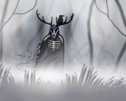 Size: 1280x1024 | Tagged: safe, artist:squalbo, bird, cervid, corvid, crow, deer, mammal, songbird, anthro, feral, antlers, black body, black feathers, black fur, bone, cryptid, duo, feathers, forest, fur, grass, plant, simple background, skull, spirit, tree, white body, white fur