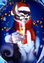 Size: 848x1200 | Tagged: safe, oc, akita, canine, dog, mammal, anthro, alcohol, black and white, blue, champagne, christmas, clothes, garland, glass, glasses, grayscale, hat, headwear, holiday, ice, knitting, male, monochrome, new year, scarf, smiling