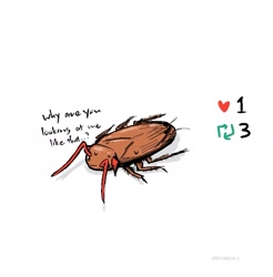 Size: 1243x1265 | Tagged: safe, artist:tunaplus_c, arthropod, cockroach, insect, feral, arknights, ambiguous gender, antennae, english text, feralized, full body, heart, simple background, solo, solo ambiguous, sweat, text, w (arknights), white background