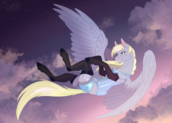 Size: 1400x1000 | Tagged: suggestive, artist:sunny way, derpy hooves (mlp), equine, fictional species, mammal, pegasus, pony, feral, friendship is magic, hasbro, my little pony, artwork, clothes, cloud, commission, corset, cute, digital art, female, flying, gloves, happy, lace, legwear, lingerie, makeup, mare, outfit, panties, smiling, solo, solo female, stockings, underwear, wings