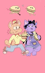 Size: 800x1280 | Tagged: safe, artist:puppychan, burgerpants (undertale), catty (undertale), cat, feline, mammal, anthro, undertale, barefoot, blue pants, clothes, duo, eating, female, food, fur, holding, holding food, holding object, inanimate object, male, overalls, pink background, pink nose, purple body, purple fur, running, sandwich, shoes, simple background