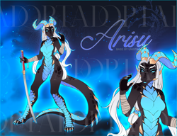 Size: 1304x1000 | Tagged: safe, artist:kiliankuro, oc, oc only, oc:arisu, dragon, fictional species, reptile, scaled dragon, anthro, digitigrade anthro, 2023, adoptable, auction, black body, blonde hair, cyan body, ears, eyelashes, female, hair, horns, looking at you, paws, reference sheet, scales, solo, solo female, sword, tail, weapon, white hair