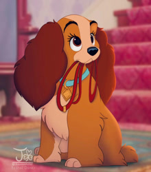 Size: 839x952 | Tagged: safe, artist:julianneedsanap, lady (lady and the tramp), canine, cocker spaniel, dog, mammal, spaniel, feral, disney, lady and the tramp, 2d, carpet, female, leash, leash in mouth, mirror, rug, solo, solo female, stairs