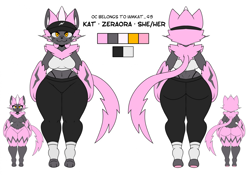 Size: 2295x1606 | Tagged: safe, artist:i_am_kat95, oc, oc only, fictional species, legendary pokémon, mythical pokémon, zeraora, anthro, nintendo, pokémon, 2023, black nose, bottomwear, breasts, butt, clothes, digital art, ears, eyelashes, featureless breasts, featureless crotch, female, fur, hair, looking at you, panties, pants, pose, rear view, reference sheet, shirt, simple background, solo, solo female, tail, thighs, thong, topwear, white background, wide hips