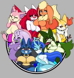 Size: 1200x1254 | Tagged: suggestive, artist:i_am_kat95, braixen, eeveelution, fictional species, flareon, goodra, latias, legendary pokémon, lucario, mammal, meowscarada, shiny pokémon, skitty, suicune, anthro, nintendo, pokémon, spoiler:pokémon gen 9, spoiler:pokémon scarlet and violet, 2023, bedroom eyes, bikini, bikini top, black nose, breasts, clothes, color wheel challenge, digital art, ear fluff, ears, eyelashes, eyes closed, female, females only, floppy ears, fluff, fur, hair, lifting breasts, meme, neck fluff, one eye closed, open mouth, pose, scales, simple background, starter pokémon, swimsuit, tail, thighs, tongue, unamused, wide hips