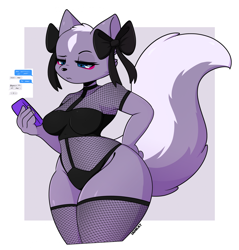 Size: 1878x1962 | Tagged: safe, artist:i_am_kat95, shikabane (aggretsuko), mammal, skunk, anthro, aggretsuko, 2023, bedroom eyes, belly button, black nose, border, bra, breasts, cell phone, clothes, digital art, ears, eyelashes, female, fishnet, fishnet stockings, fur, legwear, lingerie, looking at you, panties, phone, pose, see-through, smartphone, solo, solo female, stockings, tail, thighs, unamused, underwear, white border, wide hips