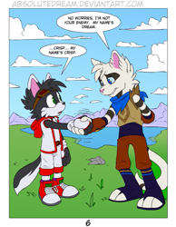 Size: 699x901 | Tagged: safe, artist:absolutedream, oc, oc:crisp the wolf, oc:dream the shade, ambiguous species, canine, mammal, wolf, anthro, sega, sonic the hedgehog (series), ..., 2015, 3 toes, bandanna, black and white fur, black body, black fur, blue eyes, cheek fluff, clothes, colored pupils, comic, commission, duo, duo male, fluff, fur, grass, jacket, lake, looking at each other, male, males only, multicolored fur, paws, red pupils, shirt, shoelaces, sky, sneakers, tail, topwear, water, white body, white fur