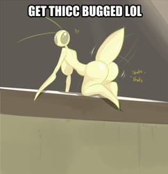 Size: 1257x1298 | Tagged: suggestive, artist:thekilinah, arthropod, insect, stick bug, anthro, all fours, breasts, butt, butt shake, complete nudity, female, get stick bugged lol, looking at you, looking back, looking back at you, meme, nudity, parody, solo, solo female, text