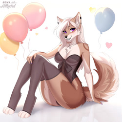 Size: 1000x1000 | Tagged: safe, artist:millkydad, oc, oc only, oc:hikari (millkydad), canine, mammal, wolf, anthro, digitigrade anthro, 2023, black nose, breasts, butt, clothes, digital art, ears, eyelashes, female, fur, hair, legwear, leotard, looking at you, pose, simple background, sitting, solo, solo female, stockings, tail, thighs, underass, wide hips