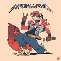 Size: 2048x2048 | Tagged: safe, artist:fox-popvli, canine, fox, mammal, red fox, anthro, series:fox-popvli's foxtober2023, bottle, bottomwear, cap, clothes, container, hat, headwear, male, nose piercing, open mouth, pants, piercing, shoes, solo, solo male, tail, tongue, tongue out