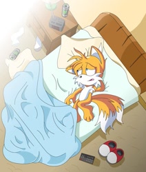 Size: 823x970 | Tagged: safe, artist:atomiclance, miles "tails" prower (sonic), canine, fox, mammal, red fox, anthro, sega, sonic the hedgehog (series), 3 toes, alarm clock, bed, bedroom, blanket, blue eyes, cheek fluff, clock, clothes, fluff, fur, indoors, male, multiple tails, paws, pillow, shoes, solo, solo male, tail, tired, two tails, yellow body, yellow fur