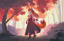 Size: 1572x1000 | Tagged: safe, artist:cordi, canine, fox, mammal, anthro, autumn, bandanna, bottomwear, breasts, clothes, dress, female, nature, outdoors, plant, skirt, solo, solo female, tree