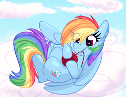 Size: 2793x2160 | Tagged: safe, artist:lbrcloud, rainbow dash (mlp), equine, fictional species, mammal, pegasus, pony, feral, friendship is magic, hasbro, my little pony, 2020, behaving like a cat, blue body, blue fur, cloud, cute, eye through hair, eyebrow through hair, eyebrows, eyelashes, feathered wings, feathers, female, folded wings, fur, hair, high res, lying down, lying on a cloud, mane, mare, on a cloud, on back, rainbow cat, rainbow hair, rainbow mane, rainbow tail, smiling, solo, solo female, tail, wings, yarn, yarn ball