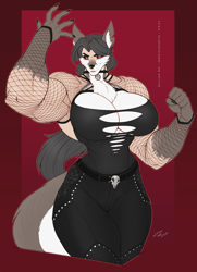 Size: 1250x1726 | Tagged: safe, artist:wmdiscovery93, canine, fictional species, hellhound, mammal, anthro, absolute cleavage, biceps, bottomwear, breasts, cleavage, clothes, female, fishnet, goth, huge breasts, muscles, muscular female, pants, see-through, shirt, solo, solo female, thunder thighs, topwear, wide hips