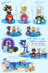Size: 1132x1732 | Tagged: safe, artist:biko97, blaze the cat (sonic), cheese (sonic), cream the rabbit (sonic), espio the chameleon (sonic), jet the hawk (sonic), knuckles the echidna (sonic), miles "tails" prower (sonic), shadow the hedgehog (sonic), silver the hedgehog (sonic), sonic the hedgehog (sonic), bird, bird of prey, canine, cat, chameleon, chao, echidna, feline, fictional species, fox, hawk, hedgehog, lagomorph, lizard, mammal, monotreme, rabbit, red fox, reptile, anthro, sega, sonic the hedgehog (series), 2018, 3 toes, beach, black body, black fur, cheek fluff, chest fluff, child, clothes, comic, cream belly, cream body, cream fur, female, fluff, fur, gloves, gray body, gray fur, green eyes, lavender fur, male, multicolored fur, ocean, paws, purple eyes, question mark, red body, red fur, shoe, shoes, single shoe, throwing, water, yellow body, yellow eyes, yellow fur, young