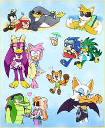 Size: 1250x1528 | Tagged: safe, artist:biko97, amy rose (sonic), charmy bee (sonic), jet the hawk (sonic), knuckles the echidna (sonic), marine the raccoon (sonic), miles "tails" prower (sonic), rouge the bat (sonic), sonic the hedgehog (sonic), storm the albatross (sonic), vanilla the rabbit (sonic), vector the crocodile (sonic), wave the swallow (sonic), albatross, arthropod, bat, bee, bird, bird of prey, canine, crocodile, crocodilian, echidna, fox, hawk, hedgehog, insect, lagomorph, mammal, monotreme, petrel, procyonid, rabbit, raccoon, red fox, reptile, songbird, swallow, anthro, sega, sonic the hedgehog (series), 2 toes, 2018, 3 toes, beak, belly button, blue eyes, cheek fluff, chest fluff, claws, eyelashes, female, fluff, glasses, glasses on head, goggles, goggles on head, green eyes, group, heart, heart eyes, male, multiple tails, paw pads, paws, round glasses, sand, smiling, sunglasses, tail, talons, two tails, webbed feet, wingding eyes, wings