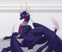 Size: 3000x2528 | Tagged: safe, artist:arskatheman, cynder the dragon (spyro), dragon, fictional species, western dragon, feral, spyro the dragon (series), the legend of spyro, 2023, body markings, collar, dragoness, eyelashes, fangs, female, horns, looking at you, lying down, purple scales, red scales, scales, sharp teeth, solo, solo female, teal eyes, teeth, webbed wings, wings