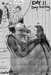 Size: 1591x2315 | Tagged: safe, artist:doctordotdj, bat, fruit bat, human, mammal, anthro, angry, breasts, cleavage, dialogue, female, french kiss, human/anthro, interspecies, kinktober, kissing, male, male/female, monochrome, picture-in-picture, speech bubble, talking