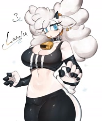 Size: 1664x1985 | Tagged: safe, artist:toge77789, lanolin the sheep (sonic), bovid, caprine, mammal, sheep, anthro, idw sonic the hedgehog, sega, sonic the hedgehog (series), 2023, belly button, big breasts, blushing, bottomwear, breasts, clothes, digital art, ears, eyelashes, female, fur, hair, looking at you, shorts, simple background, solo, solo female, sports bra, sports shorts, tail, thighs, topwear, white background, wide hips