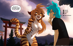 Size: 1920x1200 | Tagged: safe, artist:twokinds, flora (twokinds), trace (twokinds), big cat, feline, fictional species, human, keidran, mammal, tiger, anthro, twokinds, 2023, blue eyes, blue hair, breasts, brown hair, chest fluff, dialogue, duo, featureless breasts, featureless crotch, female, fluff, fur, hair, heart, horns, long hair, male, open mouth, orange body, orange fur, outdoors, short hair, shoulder fluff, striped fur, suspicious, talking, white body, white fur, yellow eyes