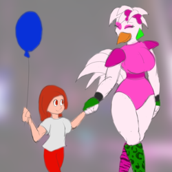 Size: 800x800 | Tagged: safe, artist:jesterkatz, glamrock chica (fnaf), bird, chicken, galliform, anthro, five nights at freddy's, five nights at freddy's: security breach, balloon, bow, child, clothes, digital art, ear piercing, earring, eyes closed, feathers, female, fingerless gloves, gloves, hair, happy, leg warmers, legwear, leotard, makeup, piercing, red hair, shoulder pads, tail, tail feathers, thick thighs, thighs, toeless legwear, white hair, young