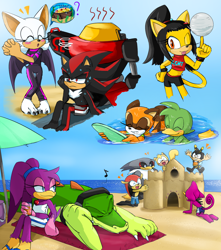 Size: 1244x1410 | Tagged: safe, artist:biko97, bean the dynamite (sonic), charmy bee (sonic), e-123 omega (sonic), espio the chameleon (sonic), honey the cat (sonic), marine the raccoon (sonic), mighty the armadillo (sonic), ray the flying squirrel (sonic), rouge the bat (sonic), shadow the hedgehog (sonic), storm the albatross (sonic), vector the crocodile (sonic), wave the swallow (sonic), albatross, armadillo, arthropod, bat, bee, bird, cat, chameleon, crocodile, crocodilian, duck, feline, fictional species, flying squirrel, hedgehog, insect, lizard, mammal, petrel, procyonid, raccoon, reptile, robot, rodent, songbird, squirrel, swallow, waterfowl, anthro, sega, sonic the hedgehog (series), 2 toes, 2019, 3 toes, ball, beach, beach umbrella, black hair, brown body, brown fur, claws, eyelashes, eyes closed, female, fur, hair, male, ocean, one eye closed, paws, red eyes, sand, sand castle, smiling, swimming trunks, team dark (sonic), tongue, tongue out, umbrella, water, webbed feet, wings, yellow body, yellow fur
