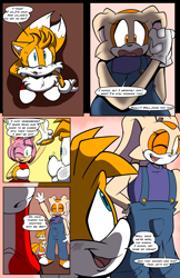 Size: 3300x5100 | Tagged: safe, artist:cartoonwatcher1234, artist:izeekiil, amy rose (sonic), cream the rabbit (sonic), miles "tails" prower (sonic), canine, fox, hedgehog, lagomorph, mammal, rabbit, anthro, comic:the incredible growing cream, sega, sonic the hedgehog (series), absurd resolution, age difference, blue eyes, blushing, boots, bottomwear, buttons, clasped hands, clothes, comic, cream body, cream fur, crush, dress, ears, embarrassed, eyelashes, fan art, fanart, female, fluff, fur, gloves, green eyes, group, growth, hair, hand on hip, headband, headwear, height difference, inkbunny, interspecies, leaving, long ears, male, male/female, one eye closed, orange eyes, overalls, page, pink body, pink fur, pouting, purple shirt, rabbit ears, red boots, red dress, shipping, shoes, surprised, tail, tail fluff, taiream (sonic), twin tails, white body, white fur, winking, yellow body, yellow fur