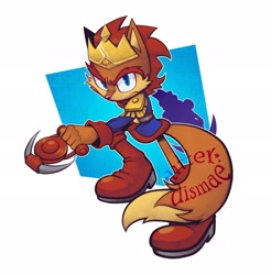 Size: 2013x2048 | Tagged: safe, artist:utter_dismae, elias acorn (sonic), mammal, rodent, squirrel, anthro, archie sonic the hedgehog, sega, sonic the hedgehog (series), blue eyes, boots, brown body, brown fur, clothes, crown, full body, fur, hair, headwear, high res, jewelry, male, red hair, regalia, request art, shoes, solo, solo male, tail, topwear, weapon