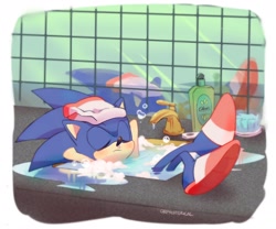 Size: 1800x1500 | Tagged: safe, artist:orphisterical, sonic the hedgehog (sonic), hedgehog, mammal, anthro, sega, sonic adventure, sonic the hedgehog (series), 2022, bathroom, blue body, blue fur, bubbles, eyes closed, fur, male, quills, shampoo, sink, slippers, solo, solo male, water