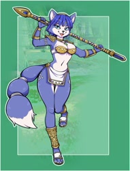 Size: 1800x2360 | Tagged: safe, artist:night0wi, krystal (star fox), canine, fox, mammal, anthro, nintendo, star fox, 2023, bandeau, belly button, black nose, blue body, blue eyes, blue fur, blue hair, body markings, breasts, choker, circlet, clothes, dipstick tail, ear fluff, eyebrows, eyelashes, female, fluff, fur, hair, hairband, krystal's staff, loincloth, looking at you, midriff, open mouth, open smile, sandals, shoes, short hair, shoulder guards, smiling, solo, solo female, staff, tail, tail wraps, thigh gap, topwear, vambrace, vixen, white body, white fur, wraps