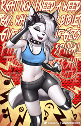 Size: 822x1280 | Tagged: safe, artist:whisperfoot, loona (vivzmind), canine, fictional species, hellhound, mammal, anthro, digitigrade anthro, hazbin hotel, helluva boss, 2023, belly button, black nose, bottomwear, breasts, clothes, collar, crop top, digital art, ears, eyelashes, eyes closed, female, fingerless gloves, fur, gloves, hair, headphones, headwear, legwear, midriff, open mouth, sharp teeth, shorts, simple background, solo, solo female, spiked collar, sports bra, sports shorts, stockings, teeth, thighs, tongue, topwear, wide hips