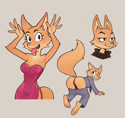 Size: 970x920 | Tagged: safe, artist:xszwhr, diane foxington (the bad guys), canine, fox, mammal, anthro, dreamworks animation, the bad guys, barefoot, bedroom eyes, big breasts, big butt, black panties, blep, breasts, butt, cleavage, clothes, cute, cute little fangs, doggy position, fangs, feet, female, jewelry, looking at you, looking back, necklace, pants, pants pulled down, smiling, smiling at you, soles, solo, solo female, teeth, thick thighs, thighs, toes, tongue, tongue out, vixen, wide hips