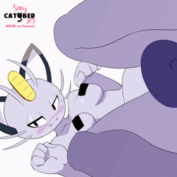 Size: 1080x1080 | Tagged: suggestive, artist:feliscede, alolan meowth, fictional species, mammal, meowth, anthro, series:sexy catober (by feliscede), nintendo, pokémon, 2023, 2d, 2d animation, animated, bedroom eyes, behaving like a cat, black nose, blushing, breasts, digital art, ears, eyelashes, female, fur, gif, looking at you, nipple outline, nipple tape, pose, presenting, simple background, solo, solo female, tail, thighs, white background, wide hips