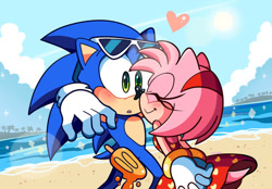 Size: 800x556 | Tagged: safe, artist:domesticmaid, amy rose (sonic), sonic the hedgehog (sonic), hedgehog, mammal, anthro, sega, sonic the hedgehog (series), beach, blue body, blue fur, clothes, eyelashes, female, food, fur, glasses, glasses on head, gloves, green eyes, heart, male, male/female, ocean, palm tree, pink body, pink fur, plant, popsicle, quills, shipping, smiling, sonamy (sonic), sunglasses, sunglasses on head, tail, tree, water