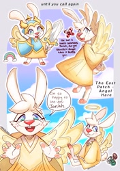 Size: 1445x2050 | Tagged: safe, artist:hhhori, angel, arthropod, butterfly, fictional species, hare, insect, lagomorph, mammal, feral, semi-anthro, angel gabby (angel hare), angel hare, angel wings, archangel, armor, easter egg, egg, eggs, feathered wings, feathers, female, halo, rainbow, scene interpretation, shield, solo, solo female, sword, weapon, wings