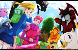 Size: 900x584 | Tagged: safe, artist:suihara, bmo (adventure time), cake the cat (adventure time), fionna the human (adventure time), ice queen (adventure time), lumpy space prince (adventure time), marshall lee (adventure time), prince gumball (adventure time), animate food, animate object, cat, demon, elemental creature, elephant, feline, fictional species, fire elemental, gum person, human, lumpy space person, mammal, rainicorn, robot, undead, vampire, humanoid, semi-anthro, adventure time, cartoon network, 2013, backpack, bite mark, black hair, blonde hair, bottomwear, candy people, clothes, crossed arms, female, fire, flame person, flame prince (adventure time), food, gray skin, hair, hat, headwear, lord monochromicorn (adventure time), male, paws, pink hair, pointy ears, skin, skirt, sky, smiling, sword, treehouse, weapon, white hair