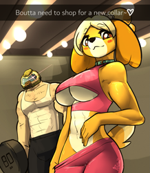 Size: 1255x1440 | Tagged: safe, artist:feretta, doom slayer (doom), isabelle (animal crossing), canine, dog, mammal, shih tzu, anthro, animal crossing, doom (game), nintendo, 2023, bedroom eyes, belly button, bottomwear, breasts, clothes, crossover, detailed background, digital art, duo, duo male and female, ears, eyelashes, female, gym, hair, headwear, helmet, looking at you, male, pants, pose, shorts, sports bra, sports shorts, tail, thighs, topwear, wide hips