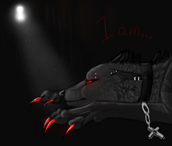 Size: 1032x877 | Tagged: safe, artist:grinu, oc, oc only, canine, mammal, wolf, feral, 2011, ambiguous gender, black body, black fur, claws, dark, fur, red claws, red eyes, solo, solo ambiguous