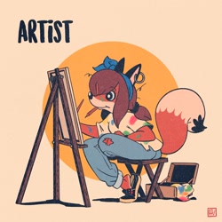 Size: 2048x2048 | Tagged: safe, artist:fox-popvli, canine, fox, mammal, red fox, anthro, plantigrade anthro, series:fox-popvli's foxtober2023, 2023, canvas, clothes, ear piercing, earring, easel, eyelashes, female, fur, hair, hair accessory, hair over one eye, hair tie, holding, mouth hold, multicolored fur, orange body, orange fur, paint, pencil, piercing, shoes, solo, solo female, stool, torn clothes, vixen, watermark