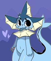 Size: 1713x2048 | Tagged: safe, artist:fathomfloof, eeveelution, fictional species, fish, mammal, vaporeon, anthro, nintendo, pokémon, 2023, 2d, abstract background, ambiguous gender, belly button, big tail, bipedal, black eyes, cheek fluff, complete nudity, cute, cute little fangs, digital art, fangs, fins, fish tail, fluff, head fluff, heart, holding, light blue body, long tail, mouth hold, nudity, paw pads, paws, sharp teeth, solo, solo ambiguous, tail, teeth, thighs, underpaw
