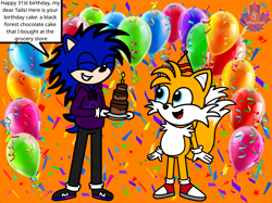 Size: 2048x1530 | Tagged: safe, artist:mrstheartist, miles "tails" prower (sonic), oc, oc:soneb the hedgehog, canine, fox, hedgehog, mammal, anthro, plantigrade anthro, sega, sonic the hedgehog (series), balloon, birthday, birthday cake, birthday hat, blue body, blue fur, bright colors, cake, chocolate cake, confetti, digital art, duo, duo male, eyes closed, food, fur, male, males only, medibang paint, open mouth, orange background, orange body, orange fur, simple background