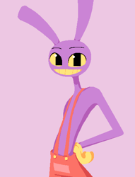Size: 782x1024 | Tagged: safe, artist:uglycoal, jax (the amazing digital circus), lagomorph, leporid, mammal, rabbit, anthro, the amazing digital circus, aliasing, binary drawing, clothes, digital art, glitch productions, gloves, hand on hip, handwear, looking at you, male, overalls, purple body, shaded, simple background, simple shading, smiling, solo, solo male, standing, yellow eyes