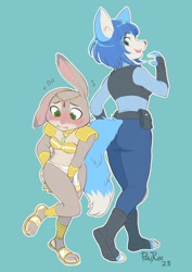 Size: 1406x1981 | Tagged: safe, artist:powree, judy hopps (zootopia), krystal (star fox), canine, fox, lagomorph, mammal, rabbit, anthro, plantigrade anthro, disney, nintendo, star fox, zootopia, 2023, bandeau, belt, blue body, blue fur, blue hair, blushing, breasts, butt, clothes, clothing swap, costume swap, dipstick tail, duo, duo female, female, females only, footwear, fur, gray body, gray fur, green eyes, hair, jewelry, loincloth, looking back, necklace, police uniform, sandals, shoes, size difference, small breasts, tail, toeless footwear, vixen, white body, white fur