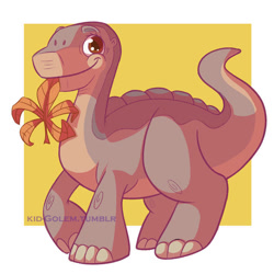 Size: 720x720 | Tagged: safe, artist:kidgolem, littlefoot (the land before time), apatosaurus, dinosaur, sauropod, feral, sullivan bluth studios, the land before time, 2015, 2d, leaf, looking at you, male, smiling, smiling at you, solo, solo male, young